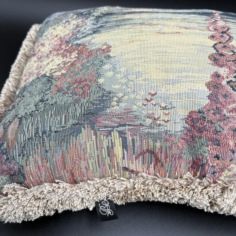 Vtg Bess Designs Tapestry Lumbar Pillow Fringe Bridge Countryside Moonlight